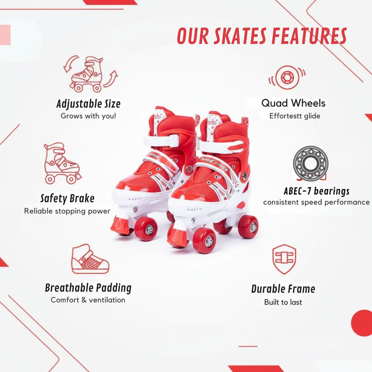 Power Superb Adjustable Roller Skate Shoes – 2-Row 4-Wheel Skates (Red) for Kids & Adults