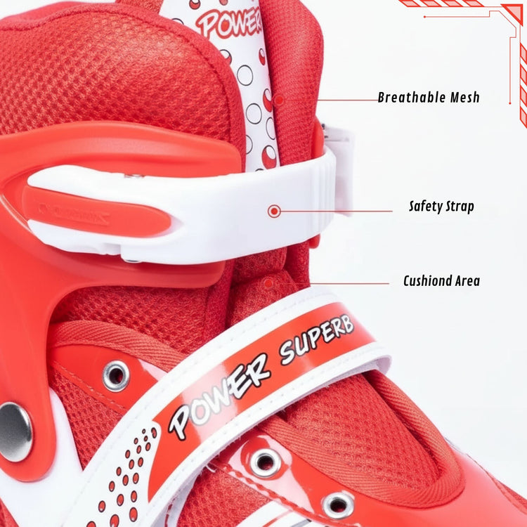 Power Superb Adjustable Roller Skate Shoes – 2-Row 4-Wheel Skates (Red) for Kids & Adults