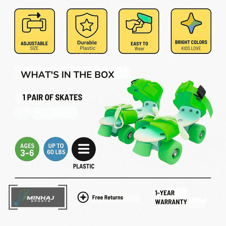 Adjustable Green 4-Wheel Roller Skates for Kids – Stylish, Durable & Fun