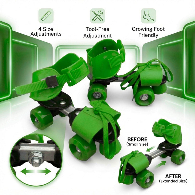 Adjustable Green 4-Wheel Roller Skates for Kids