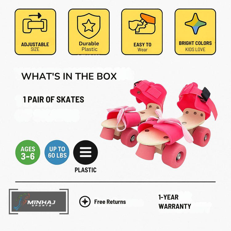 Adjustable Pink 4-Wheel Roller Skates for Kids – Stylish, Safe & Built for Fun