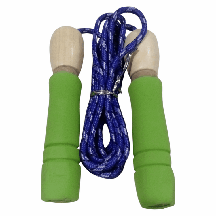 Blue Braided Jump Rope with Wooden Handles & Green Grip – Durable Fitness Skipping Rope