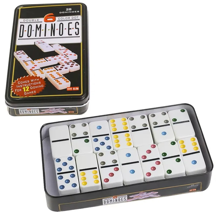 Double 6 Color Dot Dominoes Set with Storage Tin