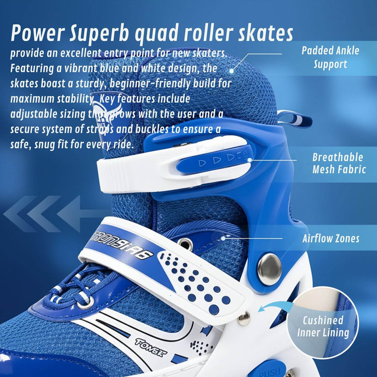 Power Superb Adjustable Roller Skate Shoes – 2-Row 4-Wheel Skates for Kids & Adults