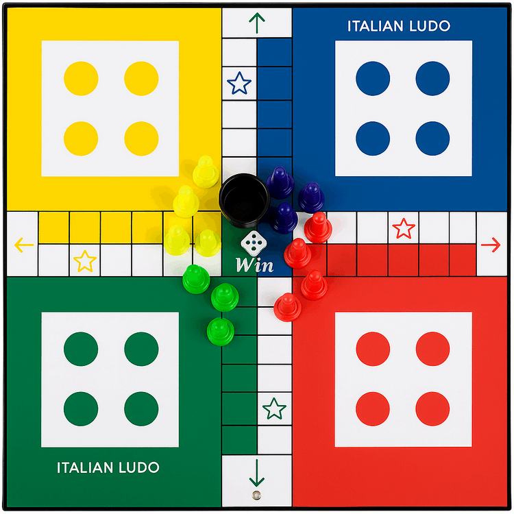 Premium Italian Wooden Ludo Board Game 16 Colorful Pawns, Dice Cup, 1 Dice & Storage Box