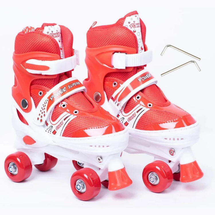 Power Superb Adjustable Roller Skate Shoes – 2-Row 4-Wheel Skates (Red) for Kids & Adults
