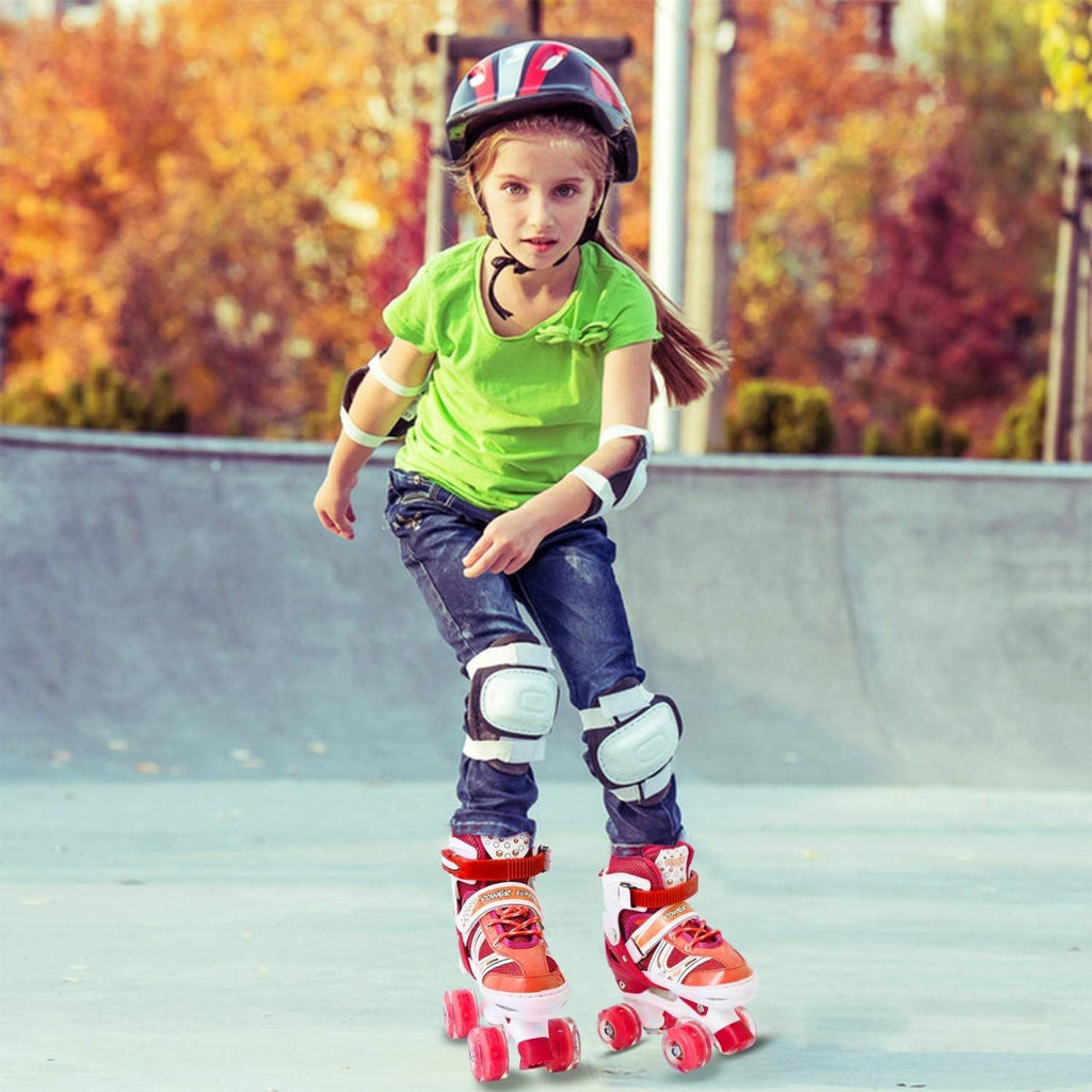 Power Superb Adjustable Roller Skate Shoes – 2-Row 4-Wheel Skates (Red) for Kids & Adults
