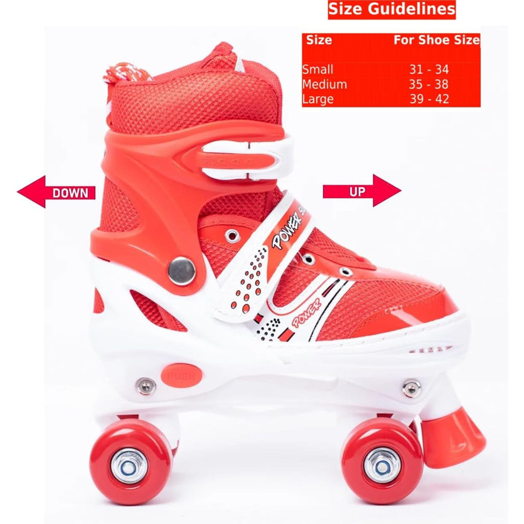 Power Superb Adjustable Roller Skate Shoes – 2-Row 4-Wheel Skates (Red) for Kids & Adults