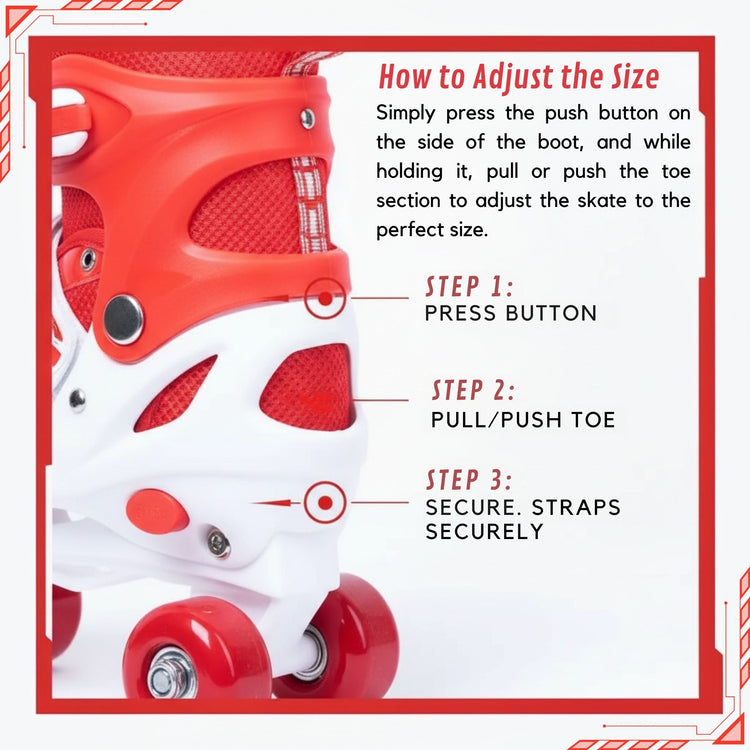 Power Superb Adjustable Roller Skate Shoes – 2-Row 4-Wheel Skates (Red) for Kids & Adults