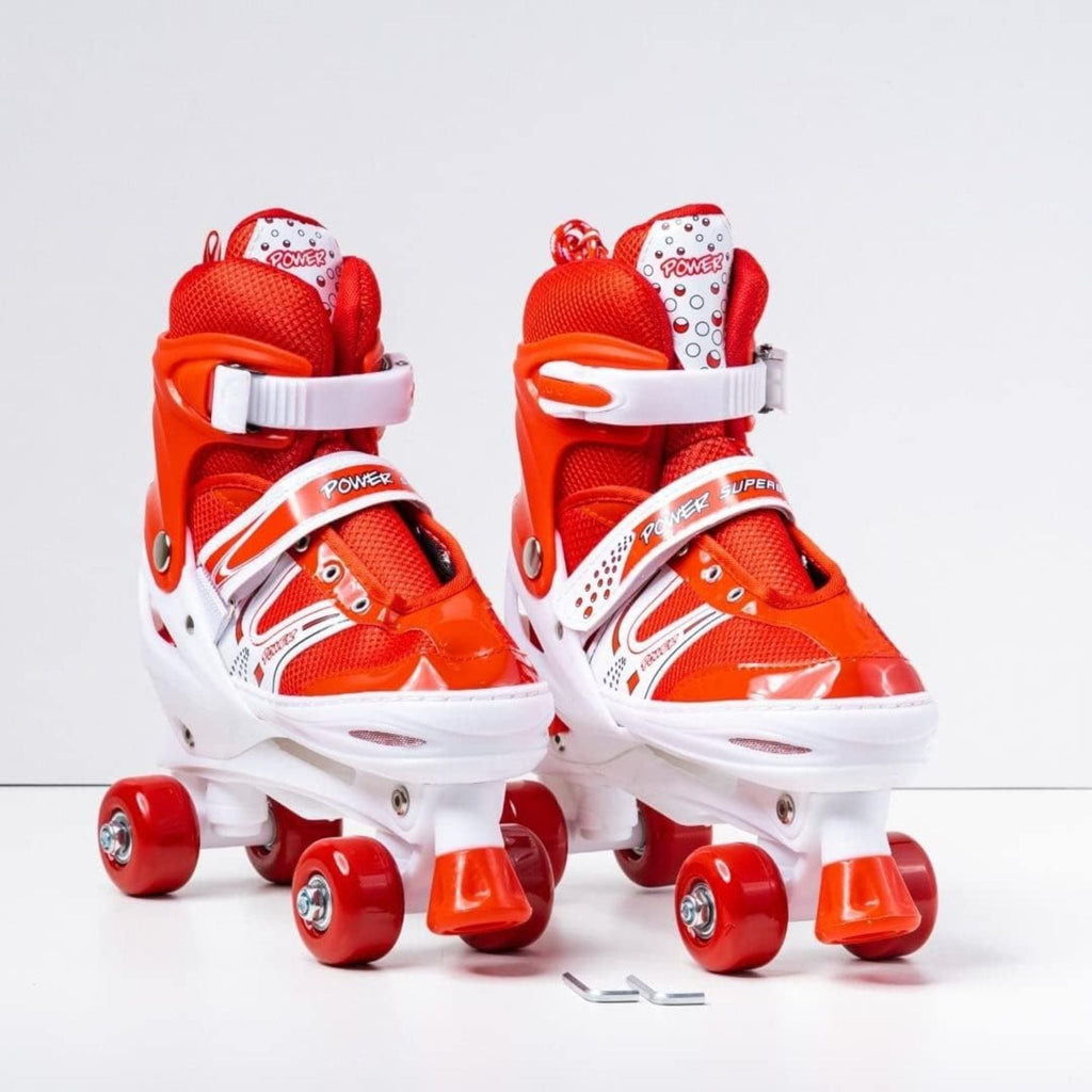 Power Superb Adjustable Roller Skate Shoes – 2-Row 4-Wheel Skates (Red) for Kids & Adults