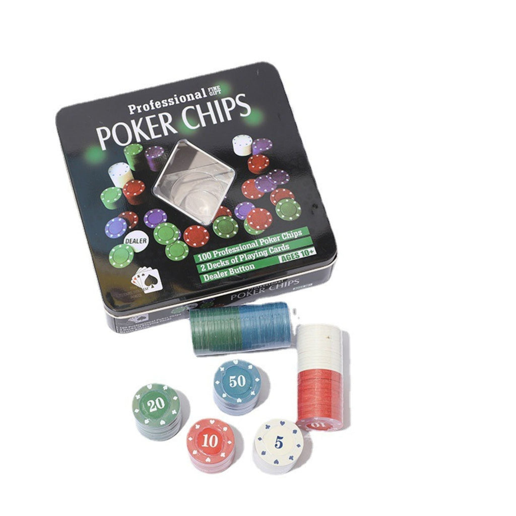 Poker Chips Set – 100pcs in Tin Box with 2 Playing Cards for Game Night Fun