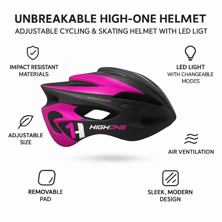 Unbreakable High-One Helmet – Adjustable Cycling & Skating Helmet with LED Light