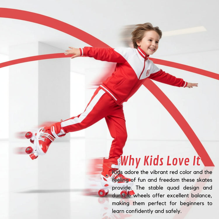 Power Superb Adjustable Roller Skate Shoes – 2-Row 4-Wheel Skates (Red) for Kids & Adults