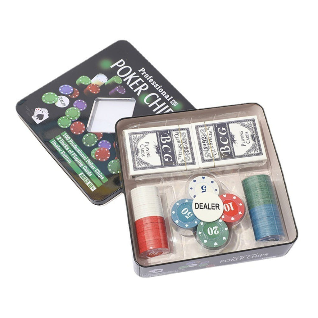 Poker Chips Set – 100pcs in Tin Box with 2 Playing Cards for Game Night Fun
