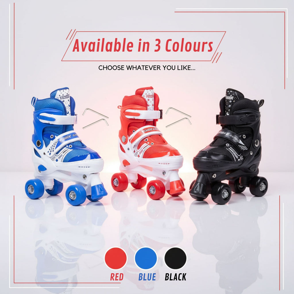 Power Superb Adjustable Roller Skate Shoes – 2-Row 4-Wheel Skates (Red) for Kids & Adults