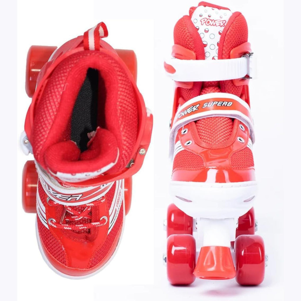 Power Superb Adjustable Roller Skate Shoes – 2-Row 4-Wheel Skates (Red) for Kids & Adults