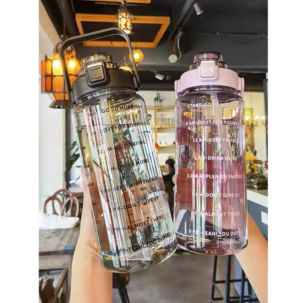 2L Straw Water Bottle Large Capacity Plastic Water Cup Portable Drink Bottle With Time Marker For Outdoor Sports Fitness