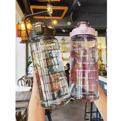 2L Straw Water Bottle Large Capacity Plastic Water Cup Portable Drink Bottle With Time Marker For Outdoor Sports Fitness