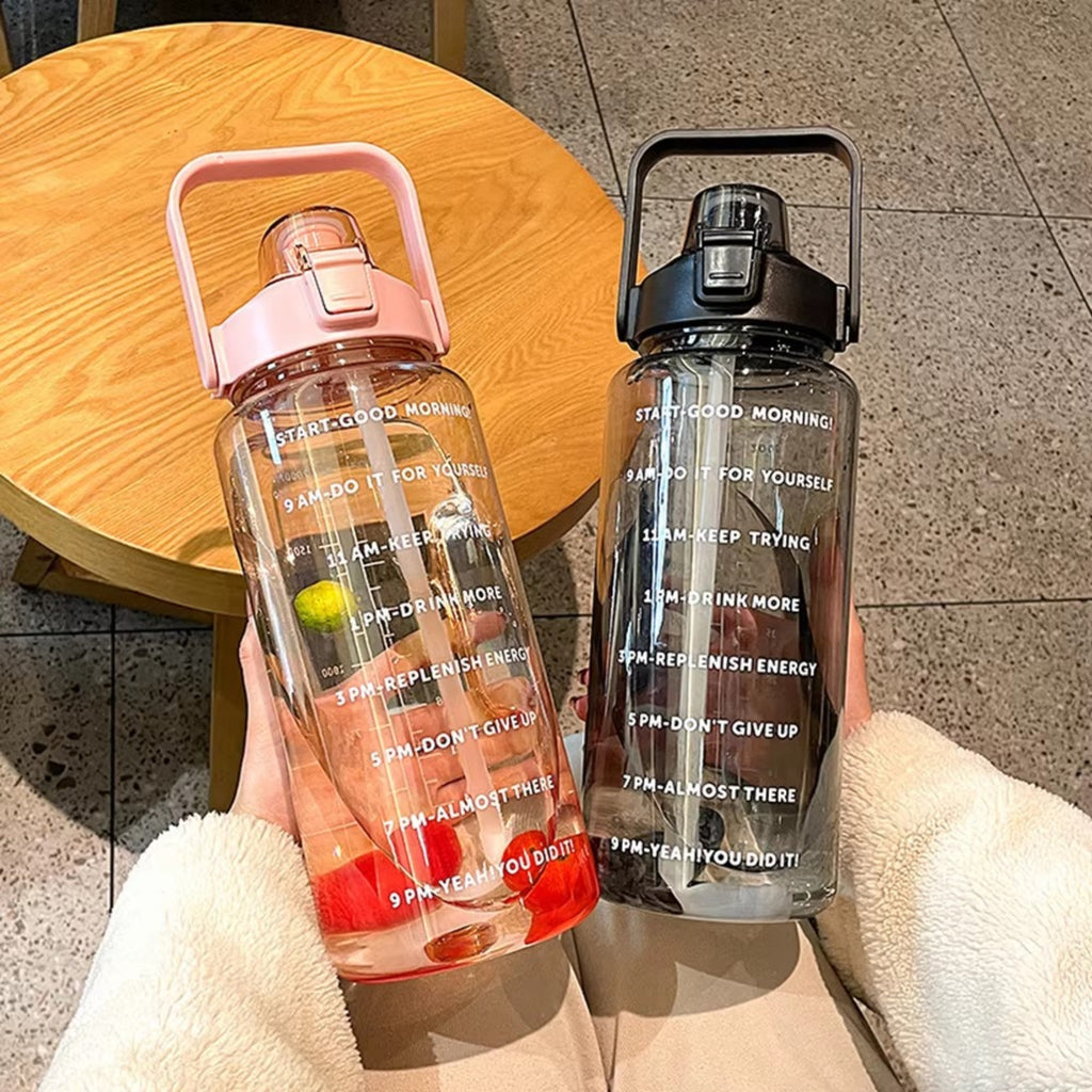 2L Straw Water Bottle Large Capacity Plastic Water Cup Portable Drink Bottle With Time Marker For Outdoor Sports Fitness