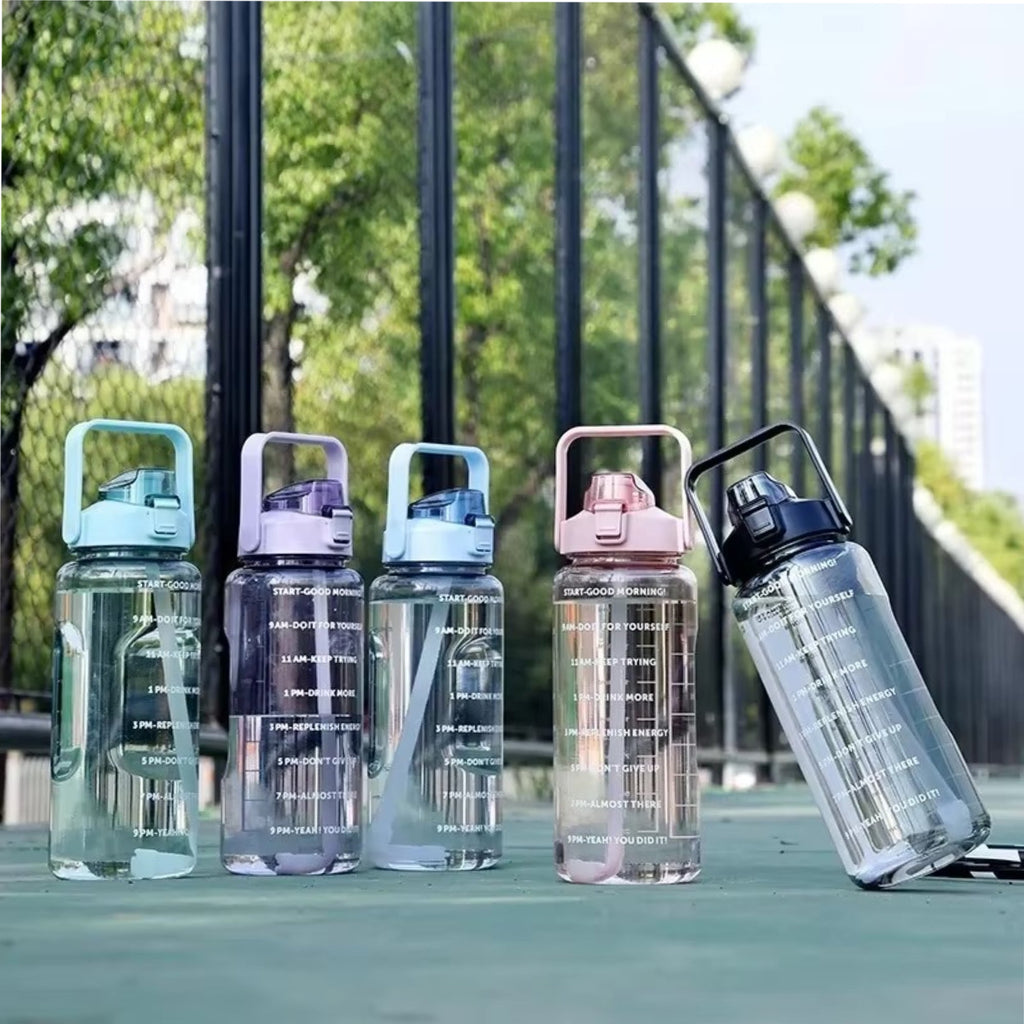 2L Straw Water Bottle Large Capacity Plastic Water Cup Portable Drink Bottle With Time Marker For Outdoor Sports Fitness