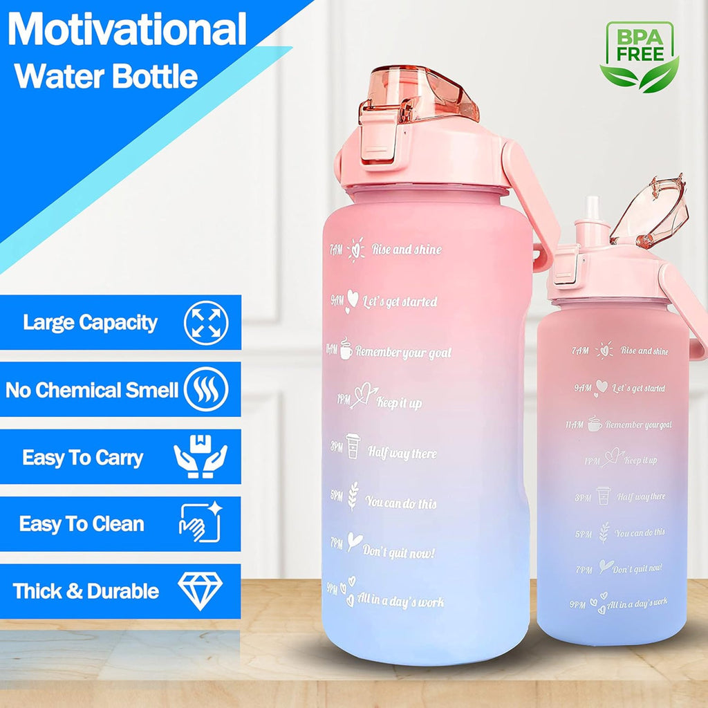 2L Motivational Water Bottle, Sport Drinks Gym Sipper Large Capacity Drinking Bottle with Straw, Marker & Holding Strap