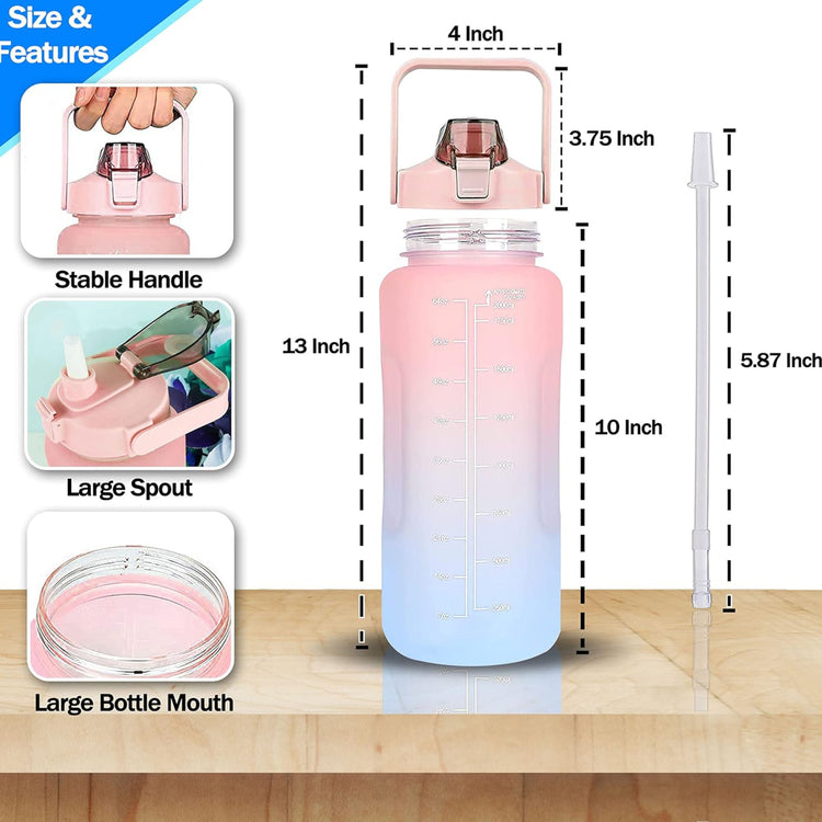 2L Motivational Water Bottle, Sport Drinks Gym Sipper Large Capacity Drinking Bottle with Straw, Marker & Holding Strap