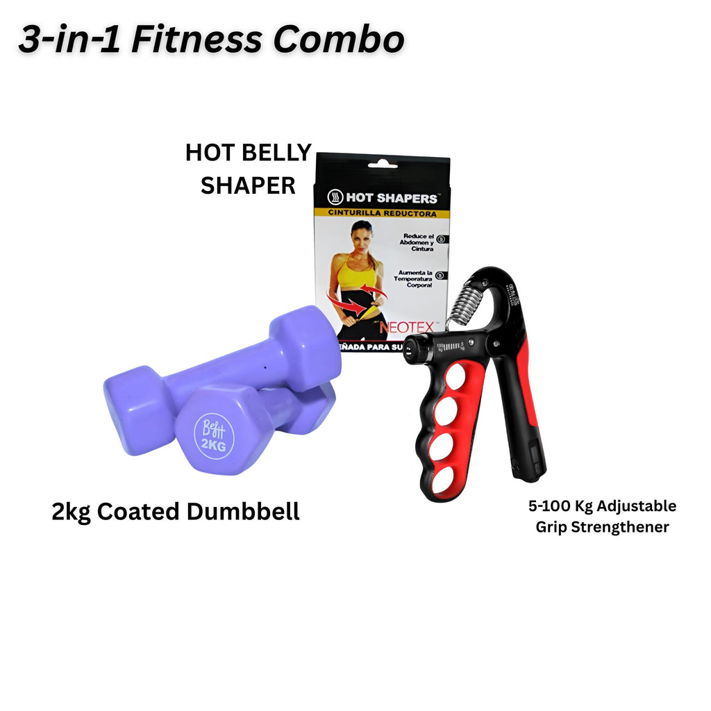 3-in-1 Fitness Combo (Grip Strengthener, Pair of 2kg Dumbbell & Hot Belly Shaper)