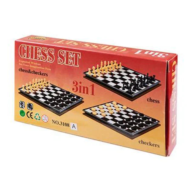 3-in-1 Game Set – Chess, Checkers & Draughts in a Portable Plastic Case