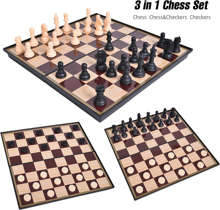 3-in-1 Game Set – Chess, Checkers & Draughts in a Portable Plastic Case