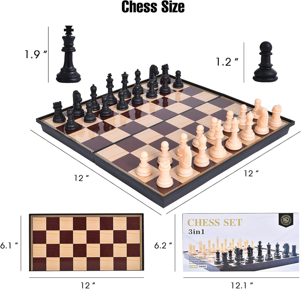 3-in-1 Game Set – Chess, Checkers & Draughts in a Portable Plastic Case