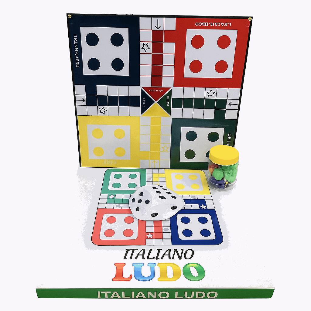 Premium Italian Wooden Ludo Board Game  16 Colorful Pawns, Dice Cup, 1 Dice & Storage Box