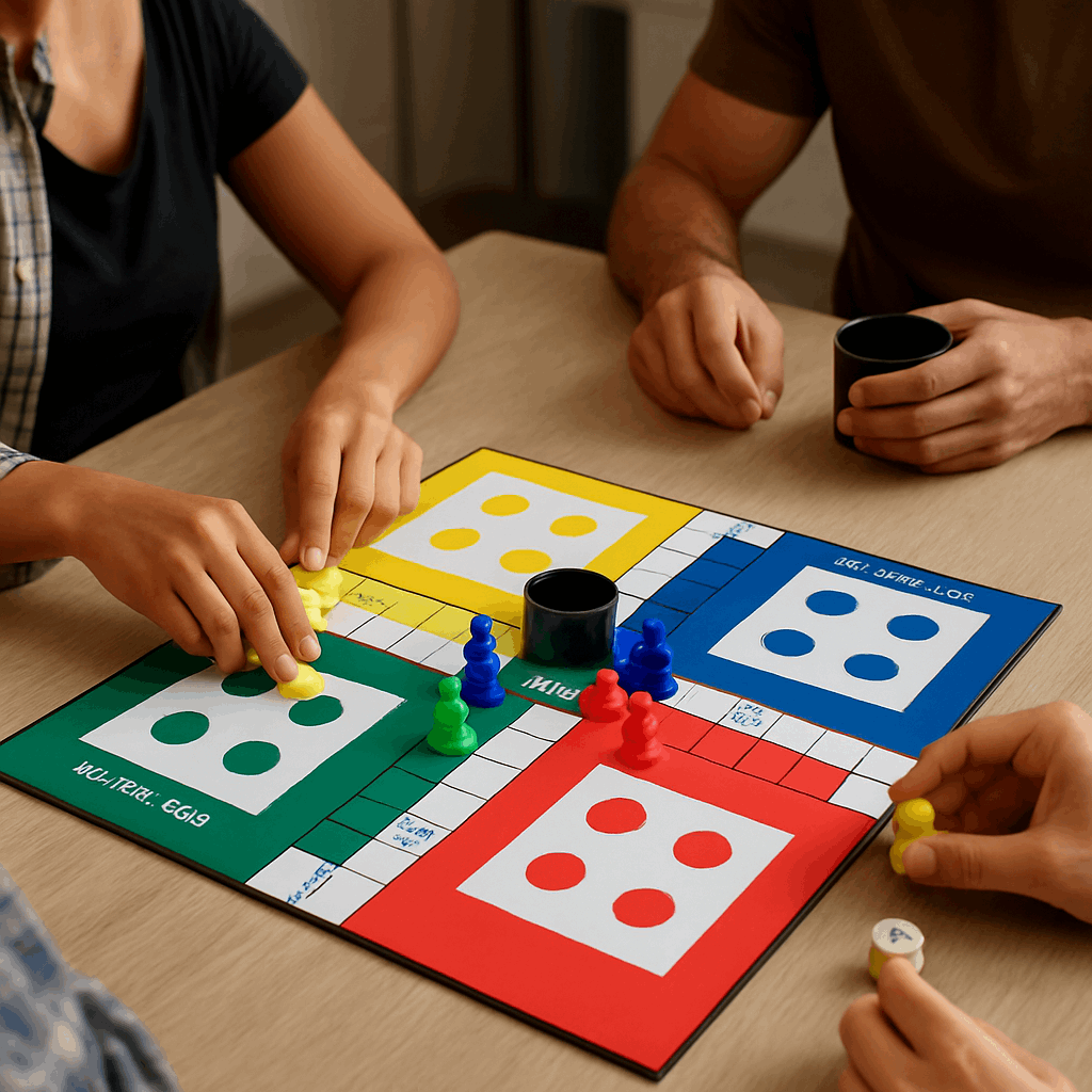 Premium Italian Wooden Ludo Board Game  16 Colorful Pawns, Dice Cup, 1 Dice & Storage Box