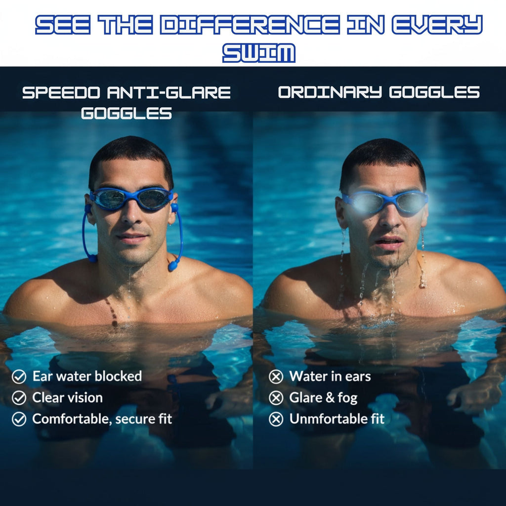 Speedo Anti-Glare Swimming Goggles with Ear Plugs – Leakproof & UV Protected